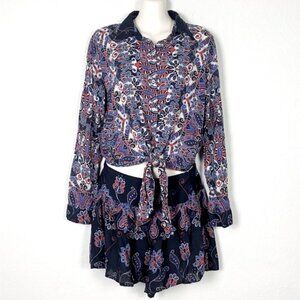 FARM RIO Paisley Snake Print Button Down Tie Front One Piece Romper